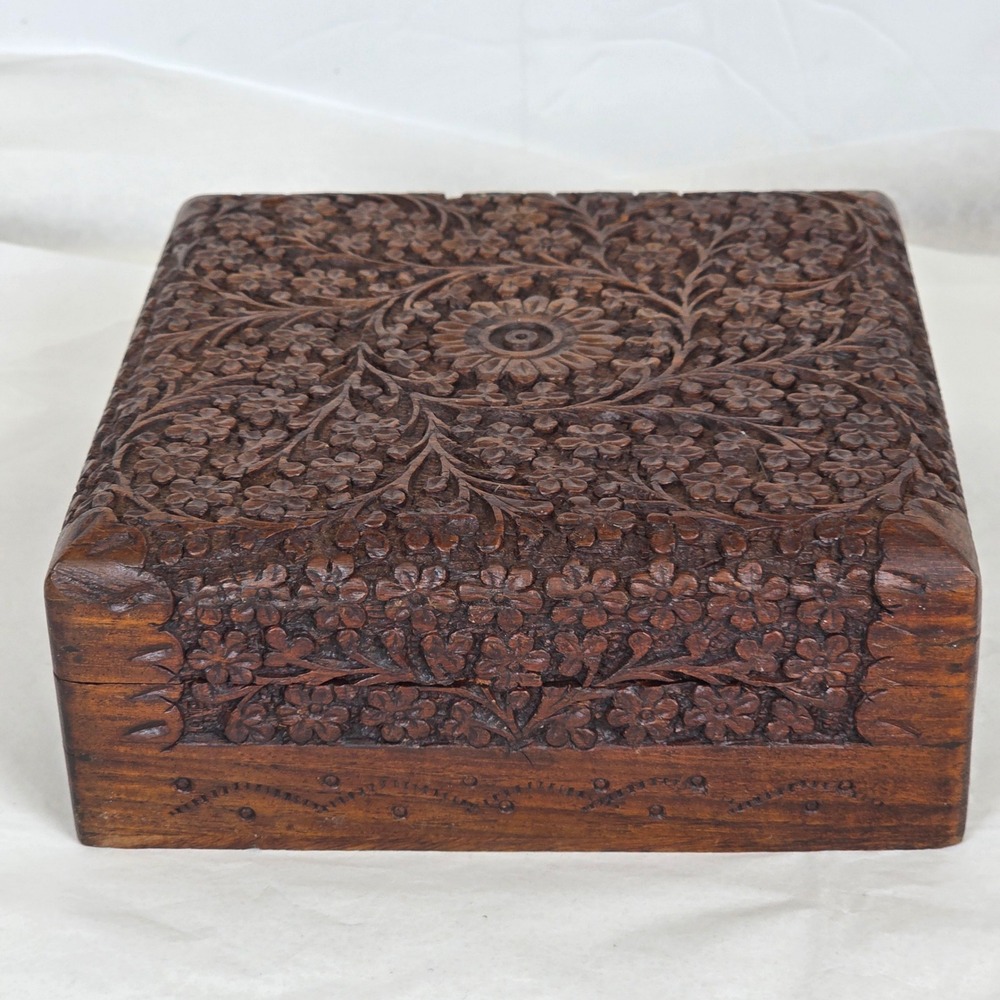 MCM rustic cabin vntg style Hand Carved Wooden Spice Chest Floral Indian Box 6x6
